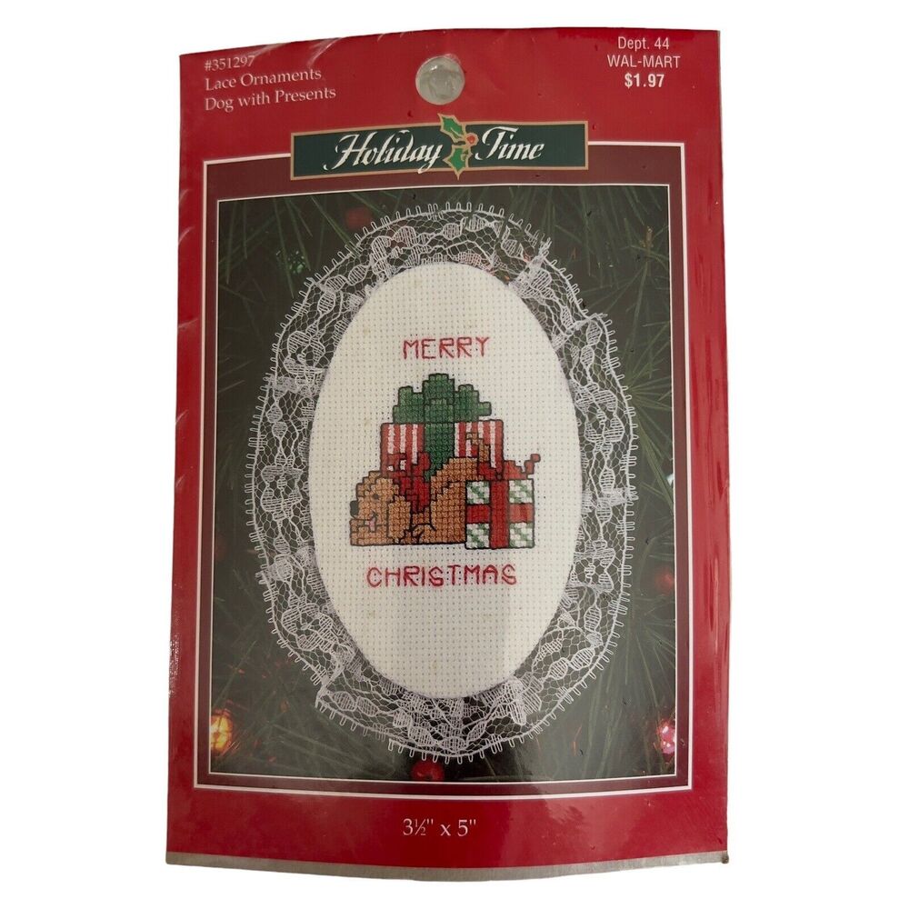 VTG Holiday Time‎ Christmas Dog With Presents Cross Stitch Kit #351297 Ornament